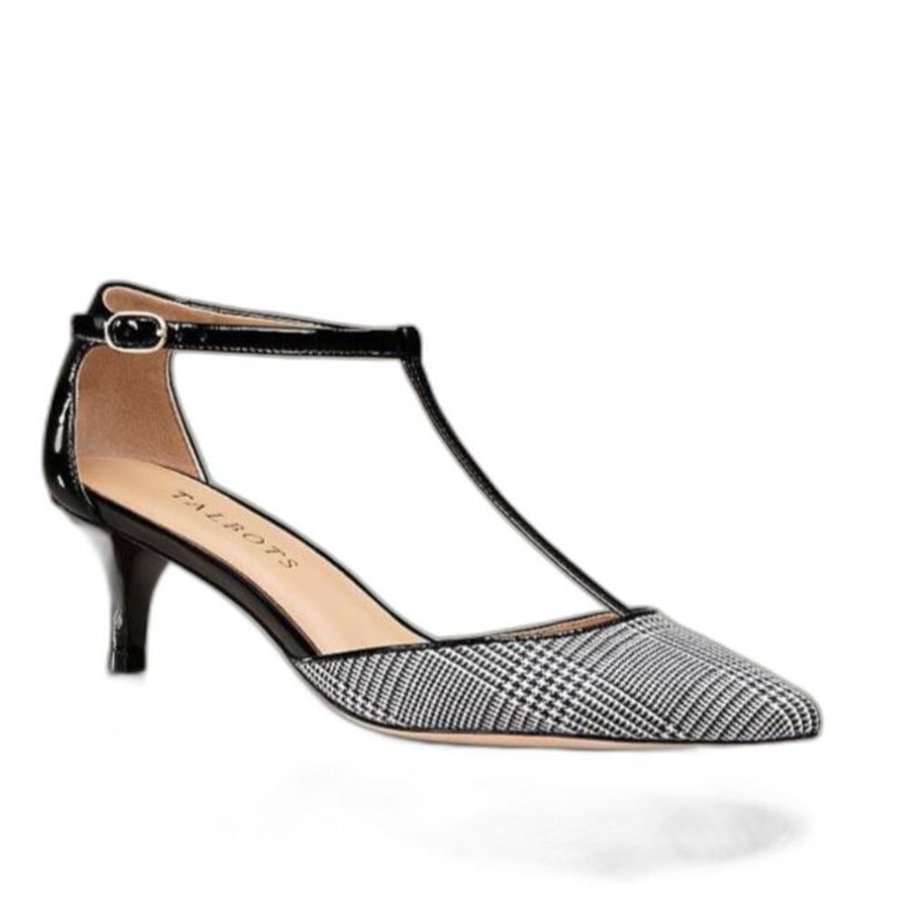 Talbots Women's Black Glen Plaid Patent Leather T-Strap Kitten Heel Pump Size 7W